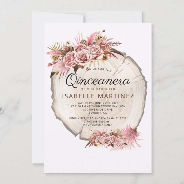  Rustic Quinceanera Blush Pink Roses Floral  Invitation (Front)