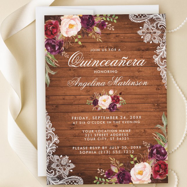 Rustic Quinceanera Wood Lace Burgundy Floral Invitation (Customize to add more text or photos to back of card.)