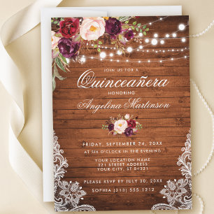 Rustic Quinceanera Wood Lights Lace Floral Invitation
