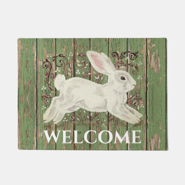 Rustic Rabbit Welcome Green Wood Any Season Doormat (Front)