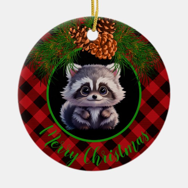 Rustic raccoon black grey plaid pine cone  ceramic ornament (Front)