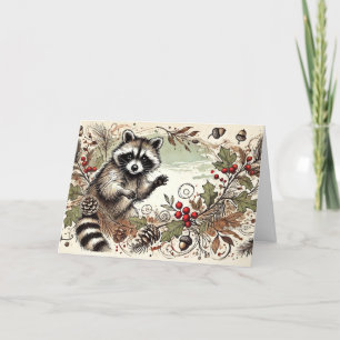 Rustic Raccoon Pine Cones Holly Berries Acorns 6 Holiday Card
