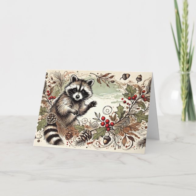 Rustic Raccoon Pine Cones Holly Berries Acorns 6 Holiday Card (Front)