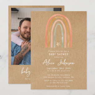 Rustic Rainbow And Star Photo Boho Baby Shower Invitation