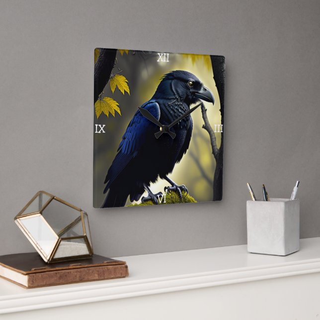 Rustic Raven - Natures Guardian Square Wall Clock (Office)
