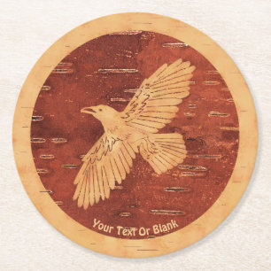 Rustic Raven On Inner Birch Bark Round Paper Coaster