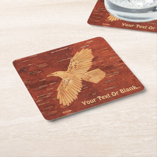 Rustic Raven On Inner Birch Bark Square Paper Coaster (Angled)