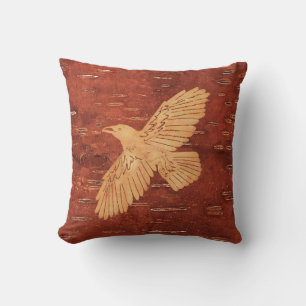 Rustic Raven On Inner Birch Bark Throw Pillow