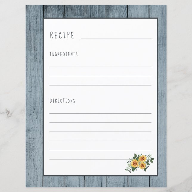 Rustic recipe page for cookbook binder organizer (Front)