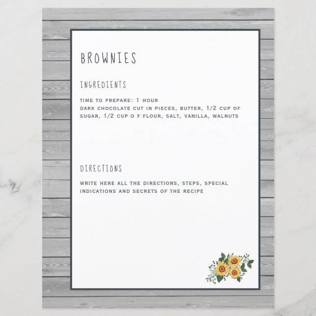 Rustic recipe pages for cookbook binder organizer (Front)