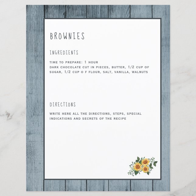 Rustic recipe pages for cookbook binder organizer (Front)