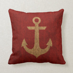 Rustic Red Anchor on Burlap Look Throw Pillow