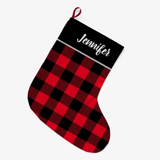 Rustic Red and Black Buffalo Check Monogram Large Christmas Stocking (Front (Hanging))