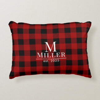 Rustic Red and Black Buffalo Check Monogram Name Accent Pillow