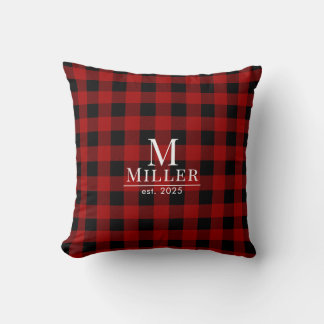 Rustic Red and Black Buffalo Check Monogram Name Throw Pillow