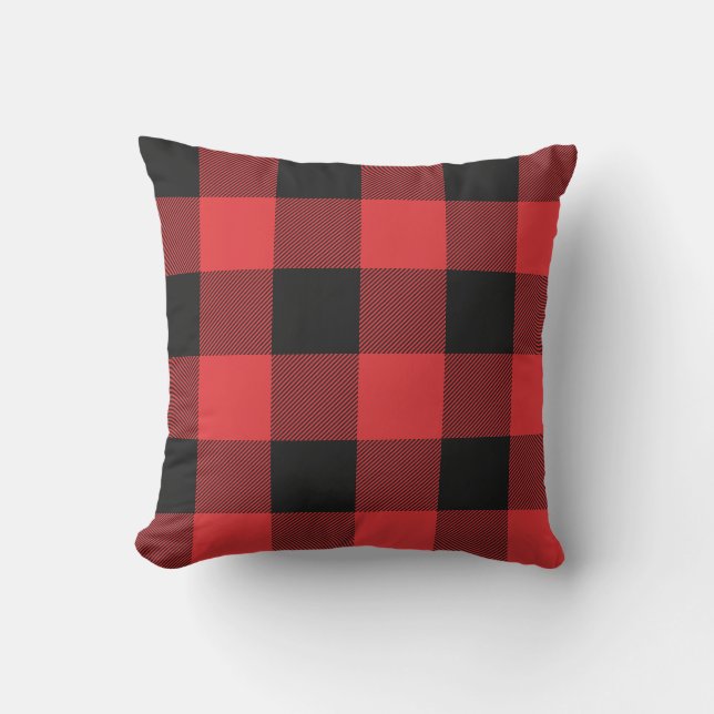 Rustic Red and Black Buffalo Check Plaid Throw Pillow (Front)
