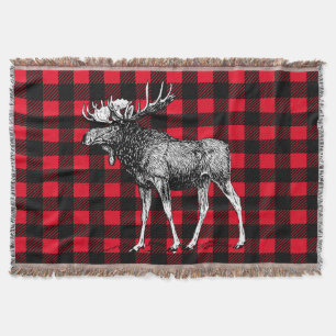 Rustic Red and Black Buffalo Plaid Bull Moose Throw Blanket