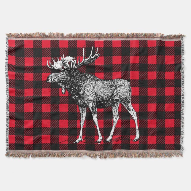 Rustic Red and Black Buffalo Plaid Bull Moose Throw Blanket (Front)