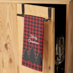Rustic Red and Black Buffalo Plaid Christmas Trees Kitchen Towel