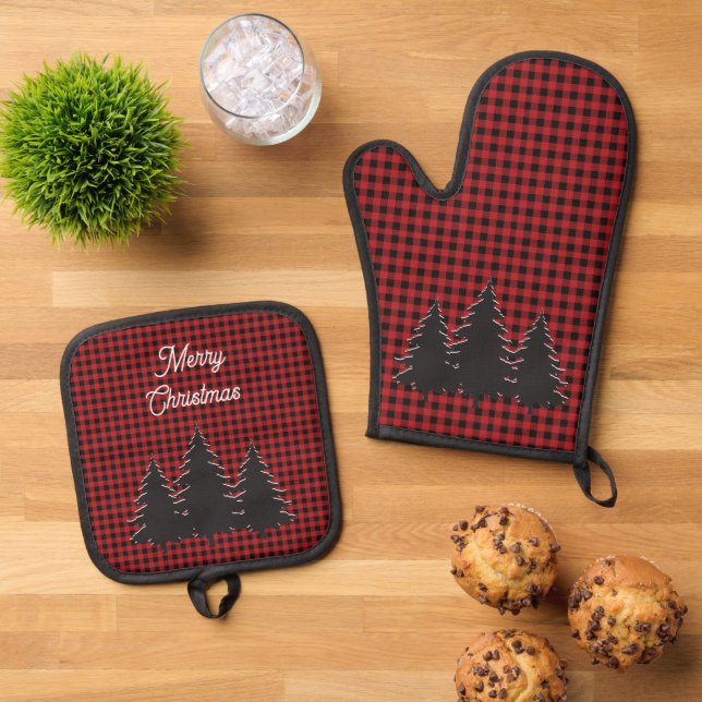 Rustic Red and Black Buffalo Plaid Christmas Trees Oven Mitt & Pot Holder Set (Top Down)