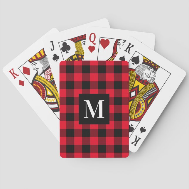 Rustic Red and Black Buffalo Plaid Custom Monogram Playing Cards (Back)