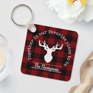 Rustic Red and Black Buffalo Plaid Family Name Keychain