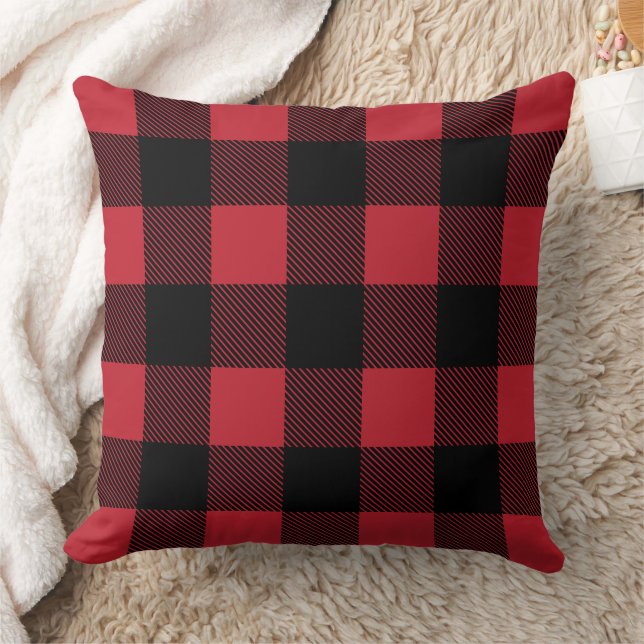Rustic Red and Black Buffalo Plaid Farmhouse Throw Pillow (Blanket)