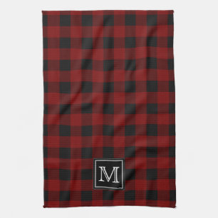 Rustic Red and Black Buffalo Plaid Monogram Kitchen Towel