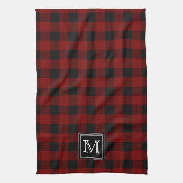 Rustic Red and Black Buffalo Plaid Monogram Kitchen Towel (Vertical)