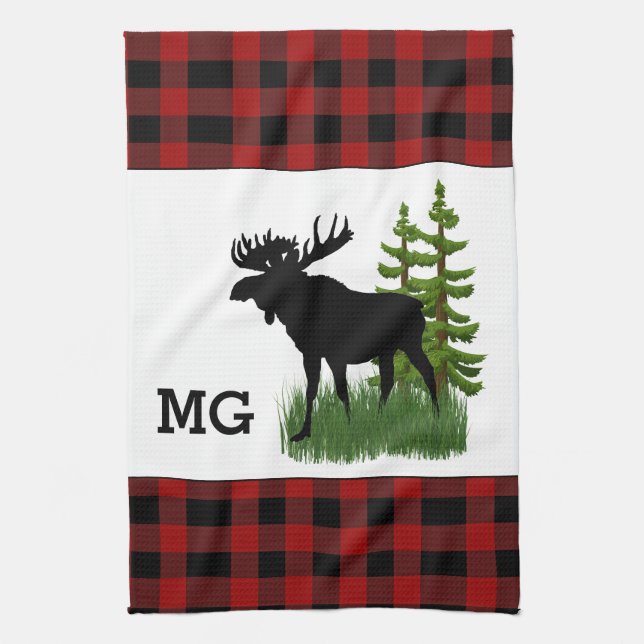 Rustic Red and Black Buffalo Plaid Moose Kitchen Towel (Vertical)