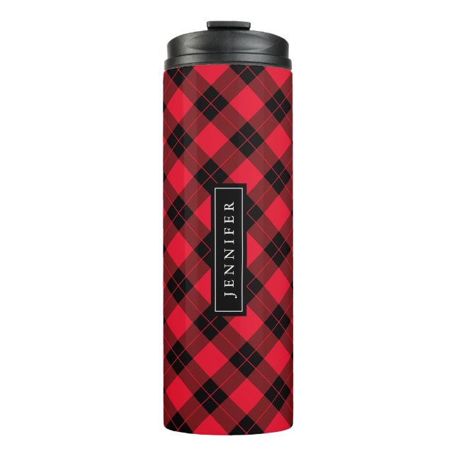 Rustic Red and Black Buffalo Plaid Personalized Thermal Tumbler (Front)