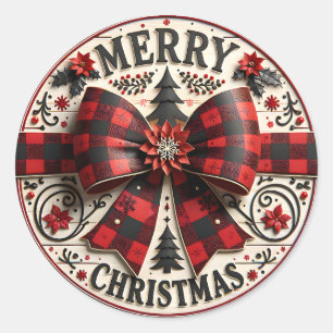 Rustic Red and Black Plaid Bow Christmas Holiday  Classic Round Sticker