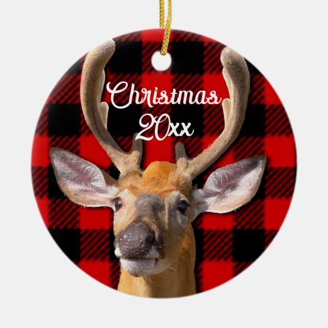 Rustic red and black plaid - Deer Ceramic Ornament (Front)