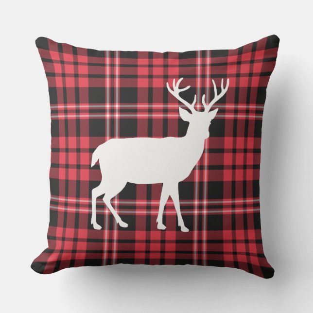 Rustic Red And Black Plaid Deer Christmas Outdoor Pillow (Front)