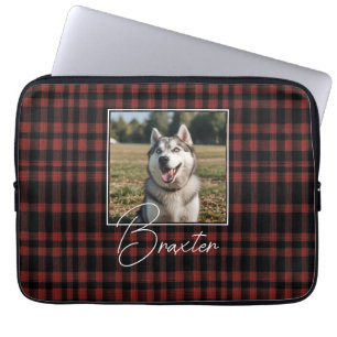 Rustic Red and Black Plaid Pattern Photo Laptop Sleeve