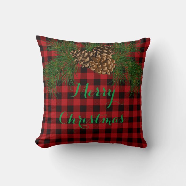Rustic red and black plaid pine cone throw pillow (Front)