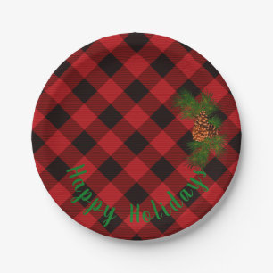 Rustic Red and Black plaid - pine cones Paper Plate