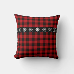 Rustic red and black plaid -snow flake throw pillow