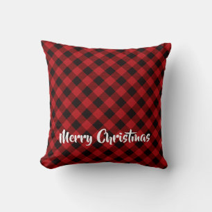 Rustic red and black plaid -snow flake throw pillow