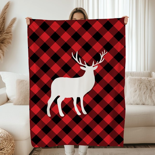Rustic Red and Black Plaid White Stag Holiday Fleece Blanket (Creator Uploaded)