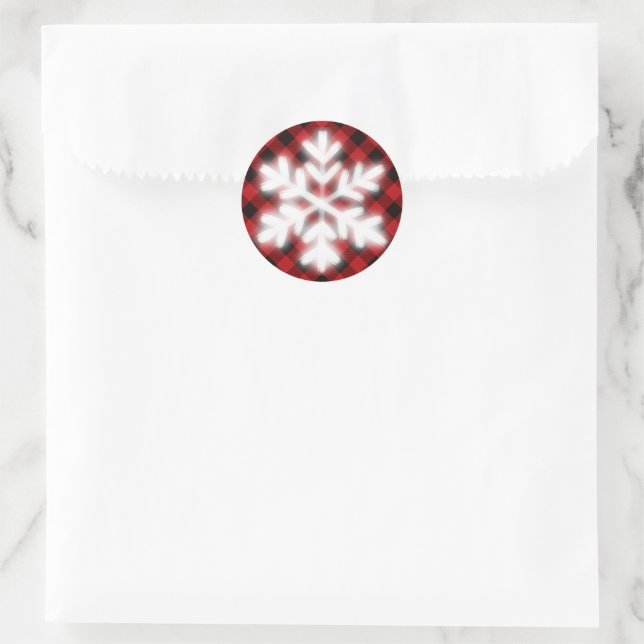 Rustic red and black plaid, winter snow flake    classic round sticker (Bag)