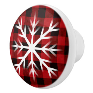 Rustic red and black plaid with snowflake ceramic ceramic knob
