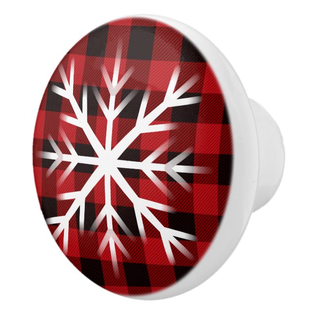 Rustic red and black plaid with snowflake ceramic ceramic knob (Right)