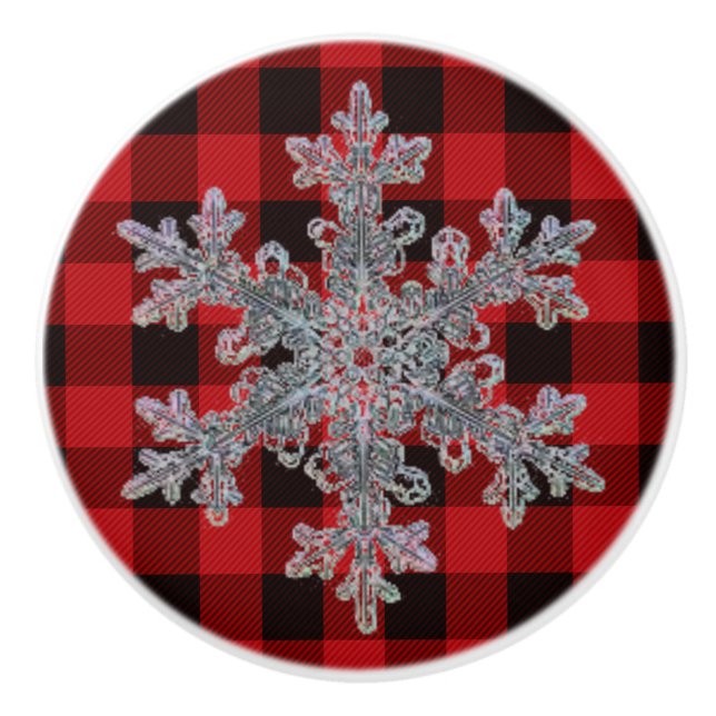 Rustic red and black plaid with snowflake ceramic knob (Front)