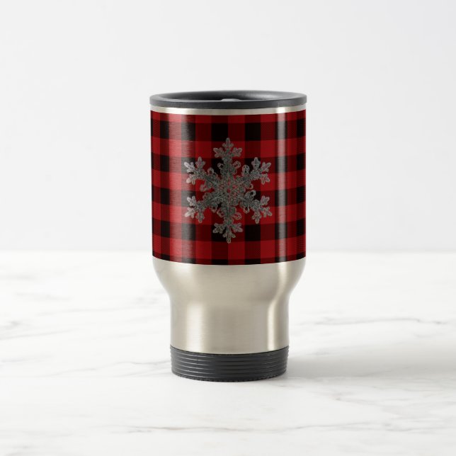 Rustic red and black plaid with snowflake detail travel mug (Center)