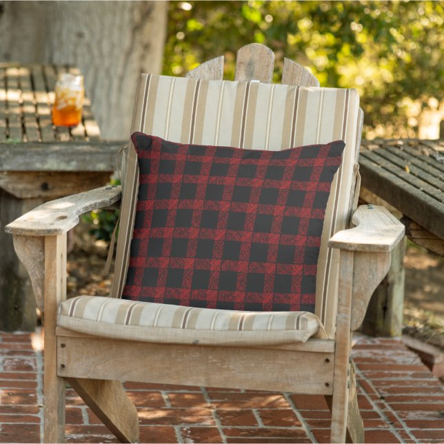 Rustic red and black tartan with embossed lines  outdoor pillow (Chair)