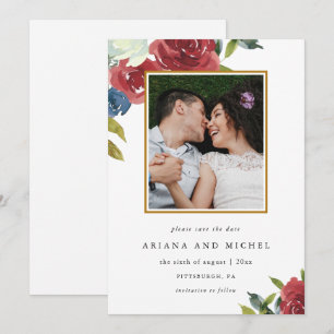 Rustic Red and Blue Floral Photo Wedding Save The Date