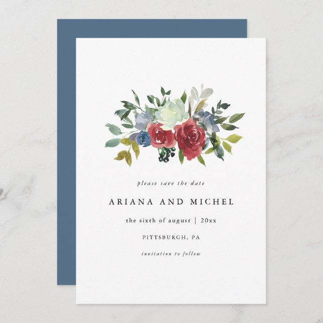 Rustic Red and Blue Floral Wedding Save The Date (Front/Back)