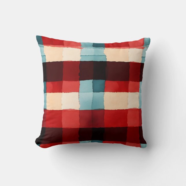 Rustic Red and Blue Plaid Pattern Throw Pillow (Front)