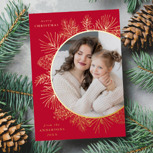 Rustic Red and Gold Pinecones Photo Foil Holiday Card